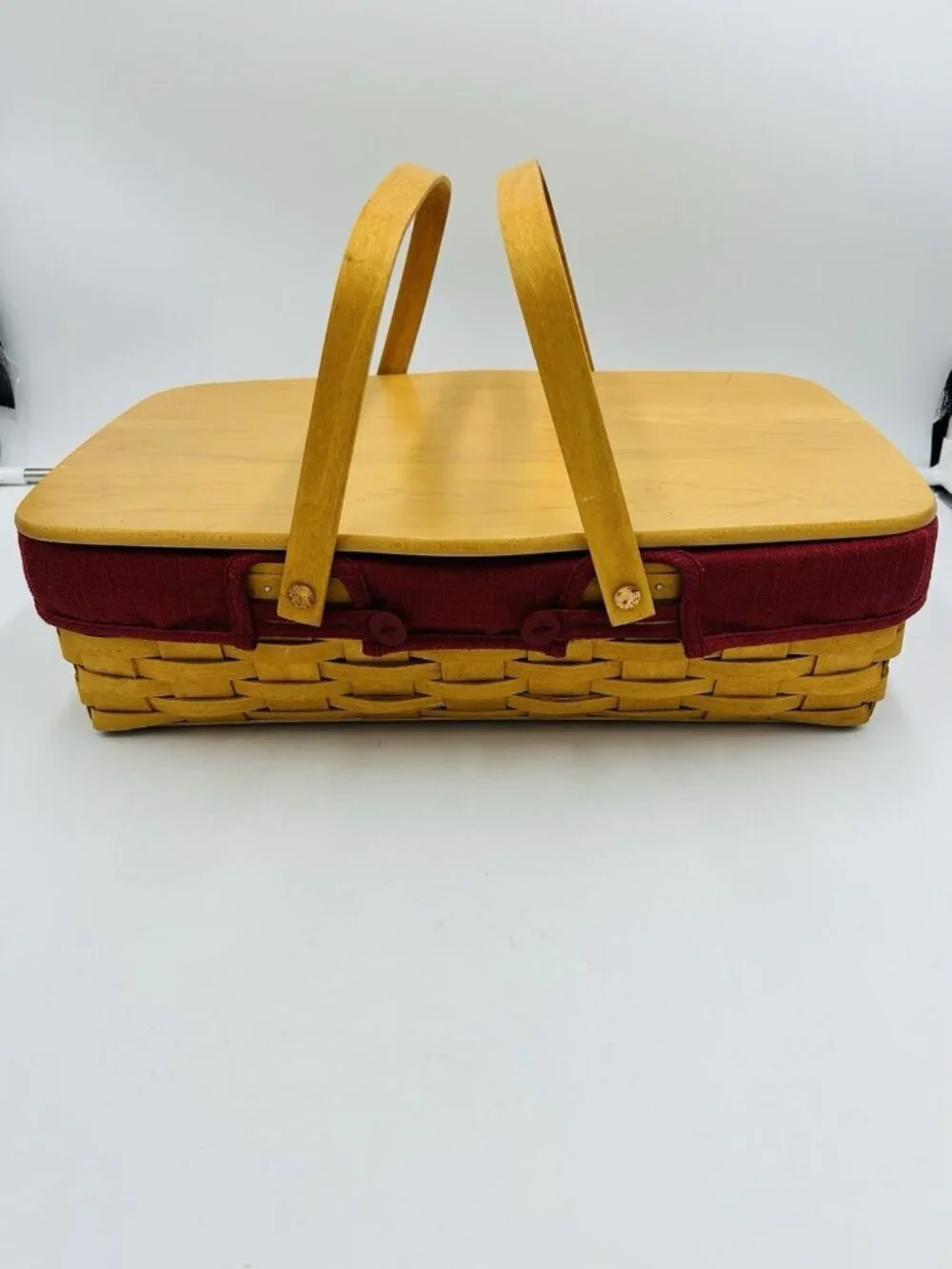 Longaberger Hostess Basket Two Handles Wooden Lid Red Fabric Plastic Liner 2002
